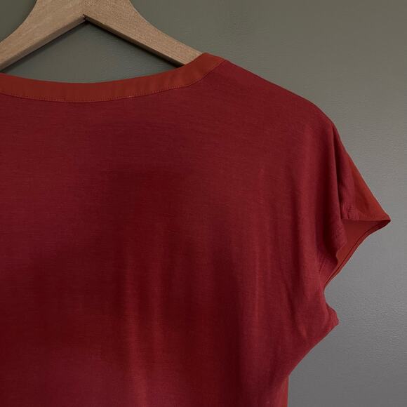 LOFT Split Neck Shirred Flutter Tee Top Size Small Lightweight Mixed Media Shell - Picture 9 of 11